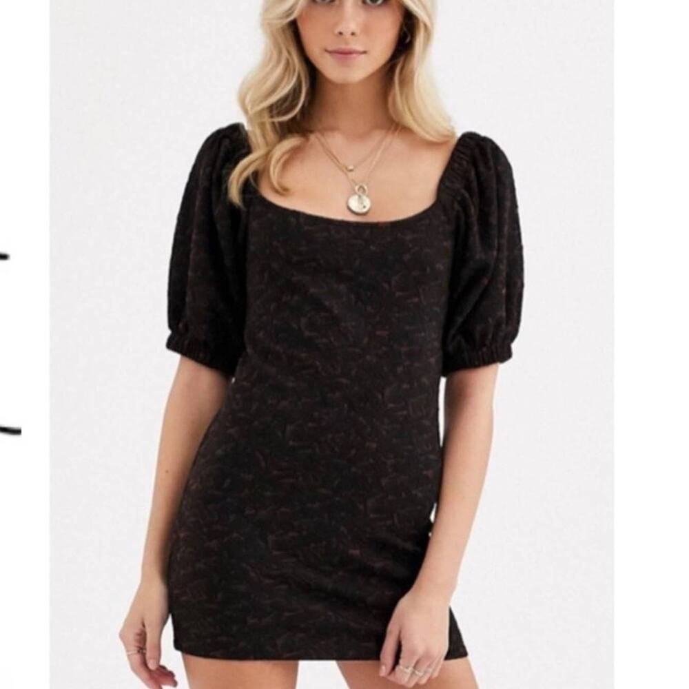FREE PEOPLE Mini Dress Sunset Sweater Knit Puff Sleeve Jet Black sz XS NWT NEW